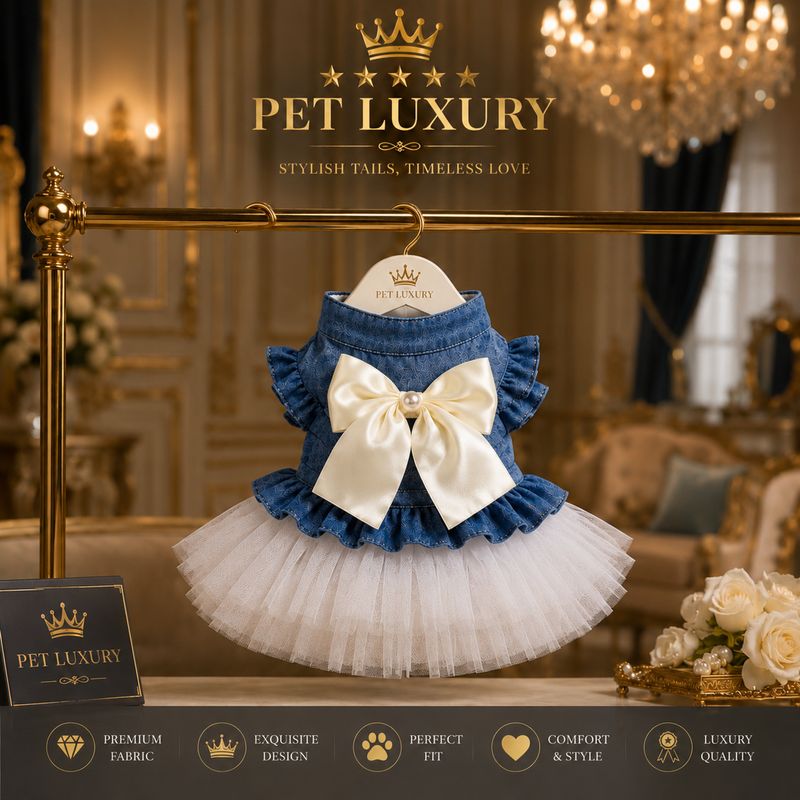 Stylish Tails Pet Luxury Denim Tutu Dress - Denim Blue And Snow White