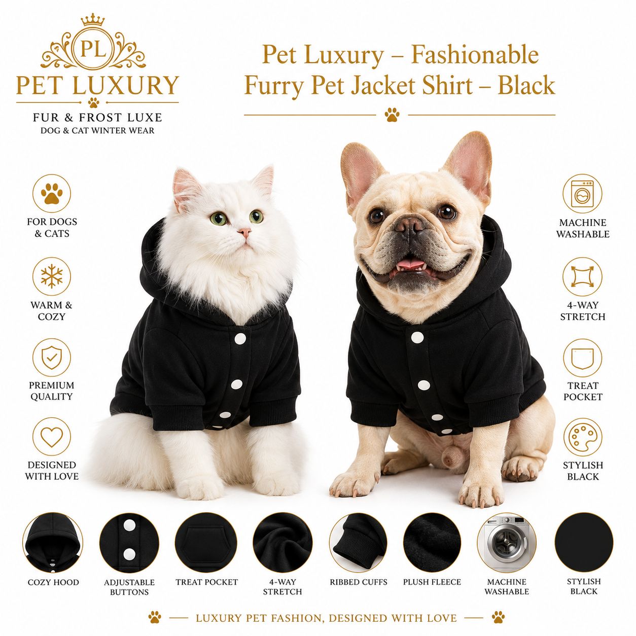 Pet Luxury – Fashionable Furry Pet Jacket Shirt – Black