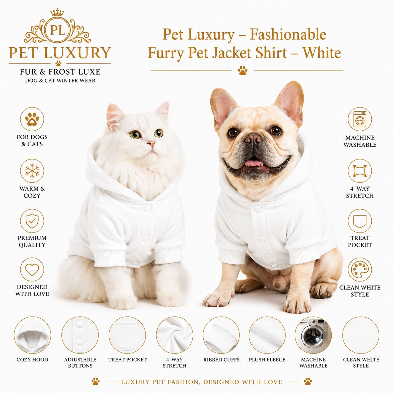 Pet Luxury – Fashionable Furry Pet Jacket Shirt – Classic White Pet Luxury – Fashionable Furry Pet Jacket Shirt – Classic White