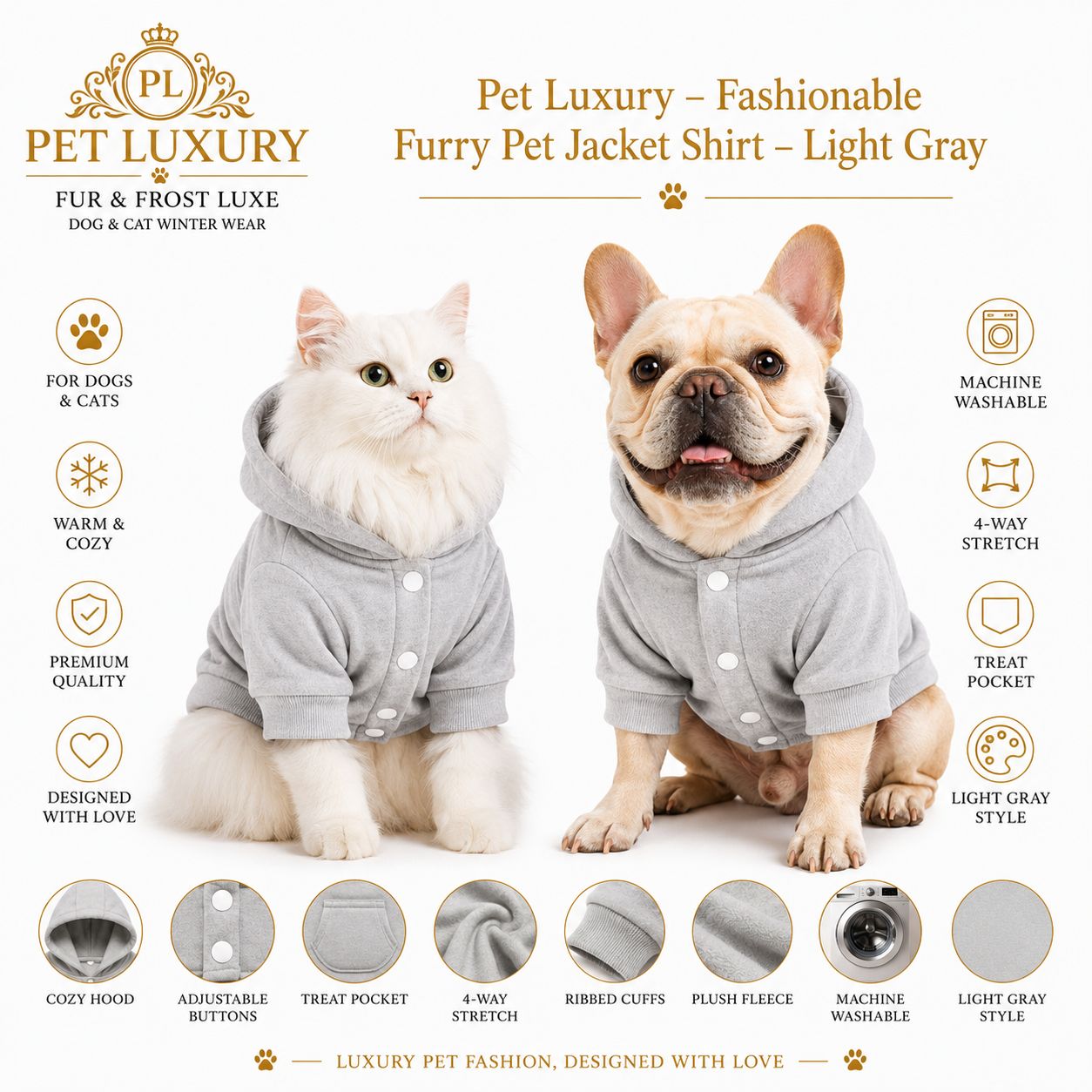Pet Luxury – Fashionable Furry Pet Jacket Shirt – Light Gray