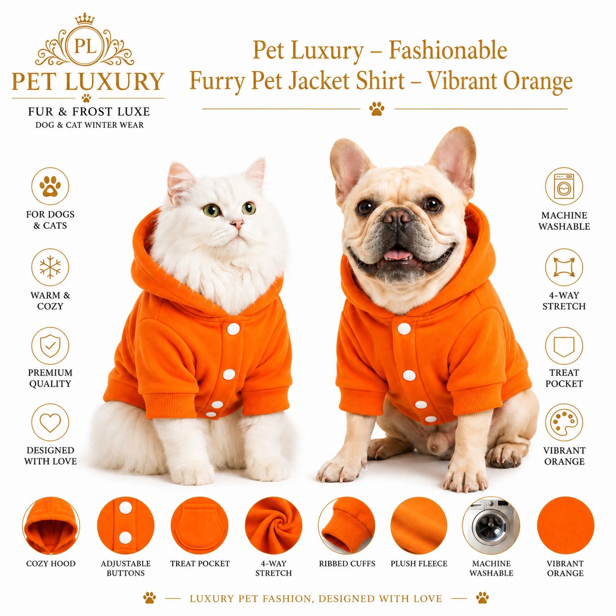 Pet Luxury – Fashionable Furry Pet Jacket Shirt – Vibrant Orange Pet Luxury – Fashionable Furry Pet Jacket Shirt – Vibrant Orange