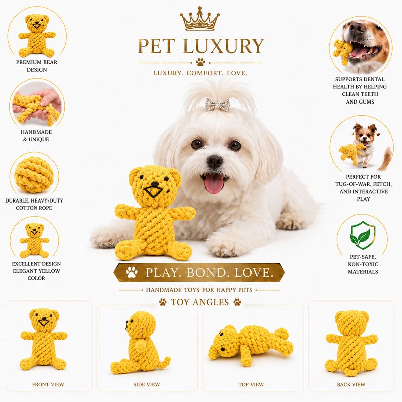 Pet Luxury Yellow Hand Made Rope Bear Dog Toy – Premium Rope Chew