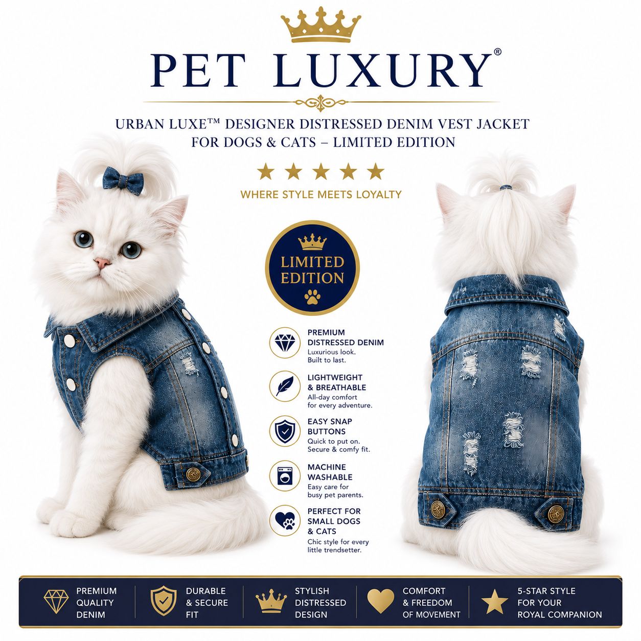 Pet LUXURY Urban Luxe™ Distressed Denim Cat Vest – Limited Edition
