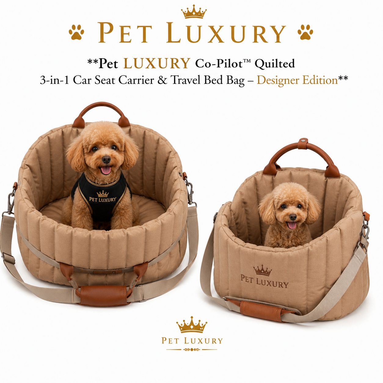 Pet LUXURY Co-Pilot™ Quilted 3-in-1 Car Seat Carrier & Travel Bed Bag – Designer Edition - Beige