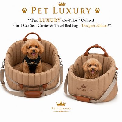 Pet LUXURY Co-Pilot™ Quilted 3-in-1 Car Seat Carrier & Travel Bed Bag – Designer Edition - Beige Pet LUXURY Co-Pilot™ Quilted 3-in-1 Car Seat Carrier & Travel Bed Bag – Designer Edition - Beige