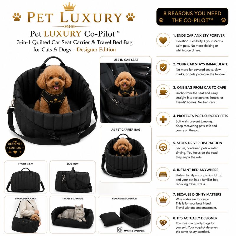 Pet LUXURY Co-Pilot™ Quilted 3-in-1 Car Seat Carrier & Travel Bed Bag – Designer Edition - Gray