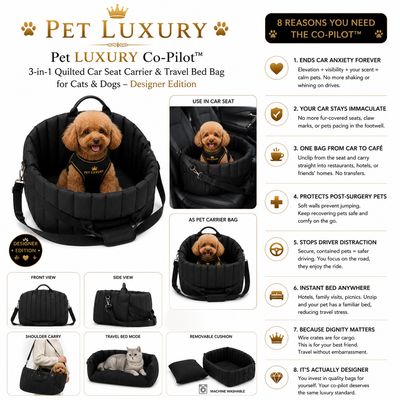 Pet LUXURY Co-Pilot™ Quilted 3-in-1 Car Seat Carrier & Travel Bed Bag – Designer Edition - Gray