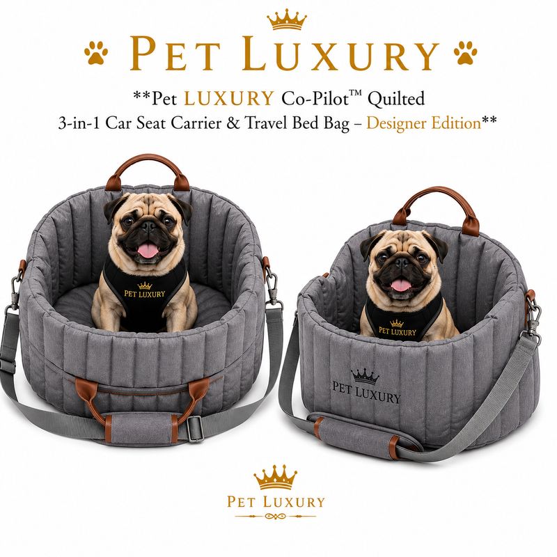 Pet LUXURY Co-Pilot™ Quilted 3-in-1 Car Seat Carrier & Travel Bed Bag – Designer Edition - Gray Pet LUXURY Co-Pilot™ Quilted 3-in-1 Car Seat Carrier & Travel Bed Bag – Designer Edition - Gray