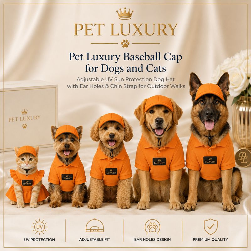 Pet Luxury Orange Baseball Cap for Dogs and Cats - Adjustable UV Sun Protection Dog Hat with Ear Holes & Chin Strap for Outdoor Walks