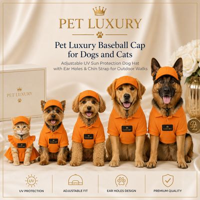 Pet Luxury Orange Baseball Cap for Dogs and Cats - Adjustable UV Sun Protection Dog Hat with Ear Holes & Chin Strap for Outdoor Walks