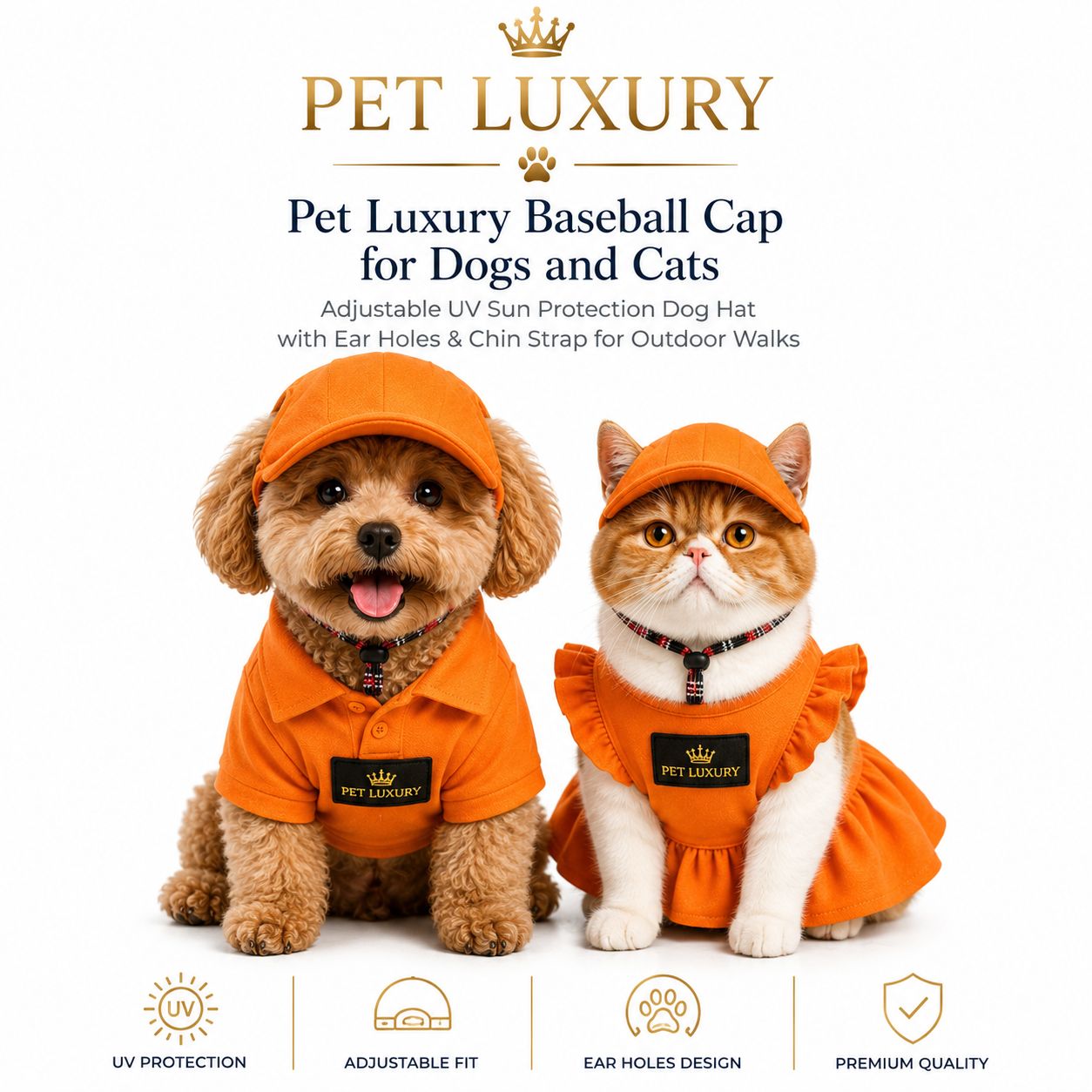 Pet Luxury Orange Baseball Cap for Dogs and Cats - Adjustable UV Sun Protection Dog Hat with Ear Holes & Chin Strap for Outdoor Walks Pet Luxury Orange Baseball Cap for Dogs and Cats - Adjustable UV Sun Protection Dog Hat with Ear Holes & Chin Strap for Outdoor Walks