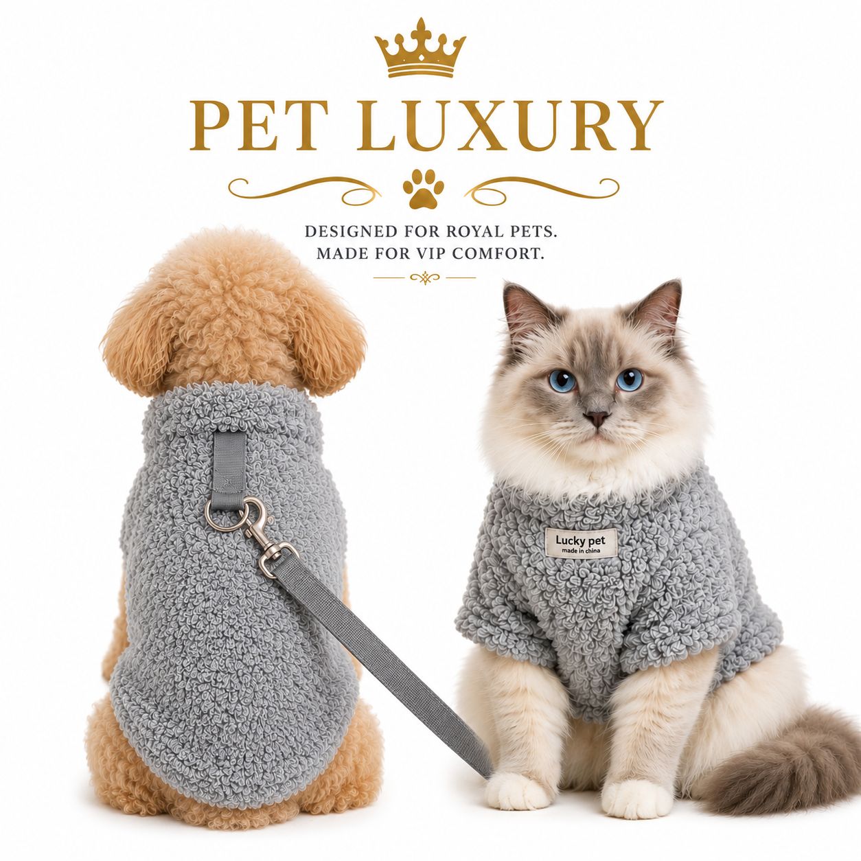 Pet Luxury Fluffy A-List Dog & Cat Jersey Shirt with Harness Clip – Gray | 2-in-1 Winter Sweater for Easy Walks