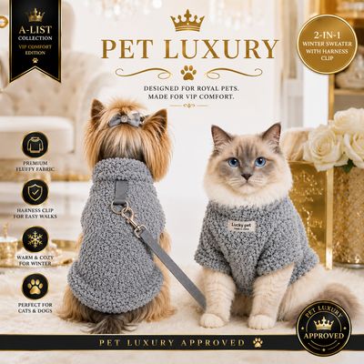 Pet Luxury Fluffy A-List Dog & Cat Jersey Shirt with Harness Clip – Gray | 2-in-1 Winter Sweater for Easy Walks
