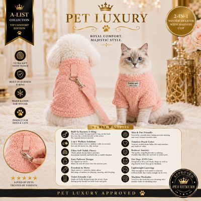 Pet Luxury Fluffy A-List Dog & Cat Jersey Shirt with Harness Clip – Peach | 2-in-1 Winter Sweater for Easy Walks