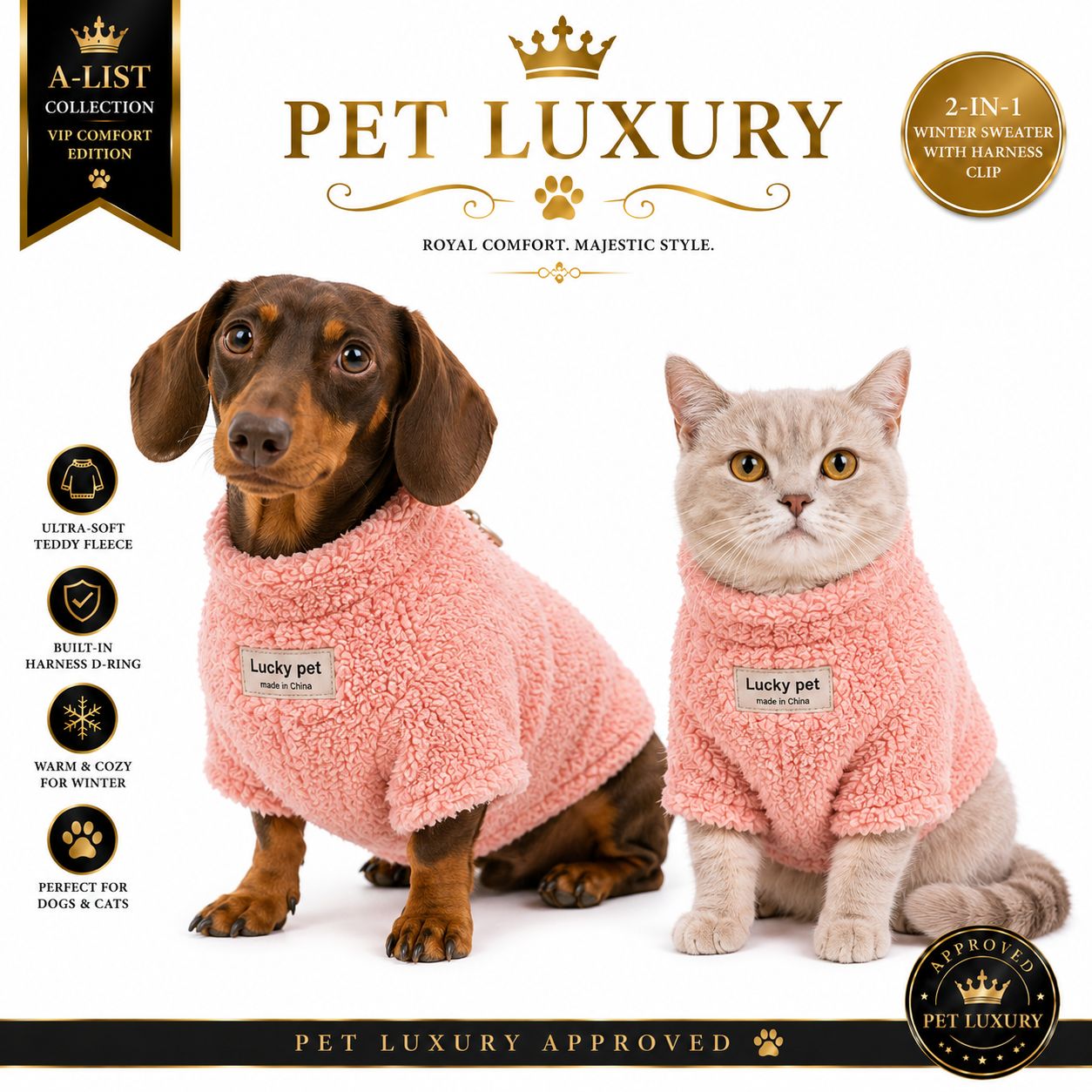 Pet Luxury Fluffy A-List Dog & Cat Jersey Shirt with Harness Clip – Peach | 2-in-1 Winter Sweater for Easy Walks