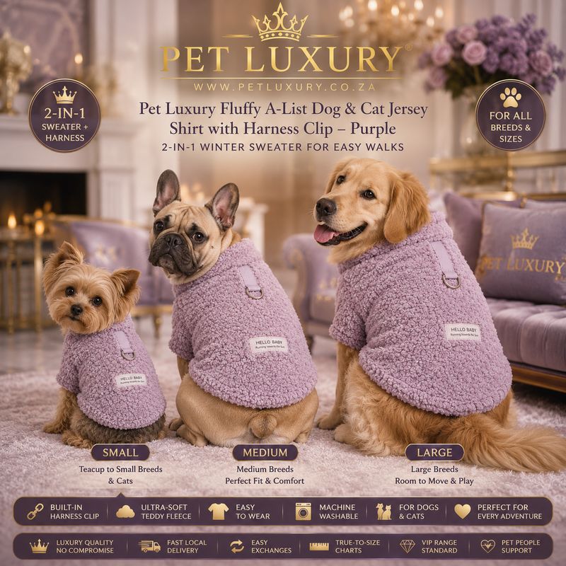 Pet Luxury Fluffy A-List Dog & Cat Jersey Shirt with Harness Clip – Purple | 2-in-1 Winter Sweater for Easy Walks