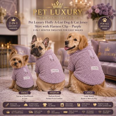 Pet Luxury Fluffy A-List Dog & Cat Jersey Shirt with Harness Clip – Purple | 2-in-1 Winter Sweater for Easy Walks