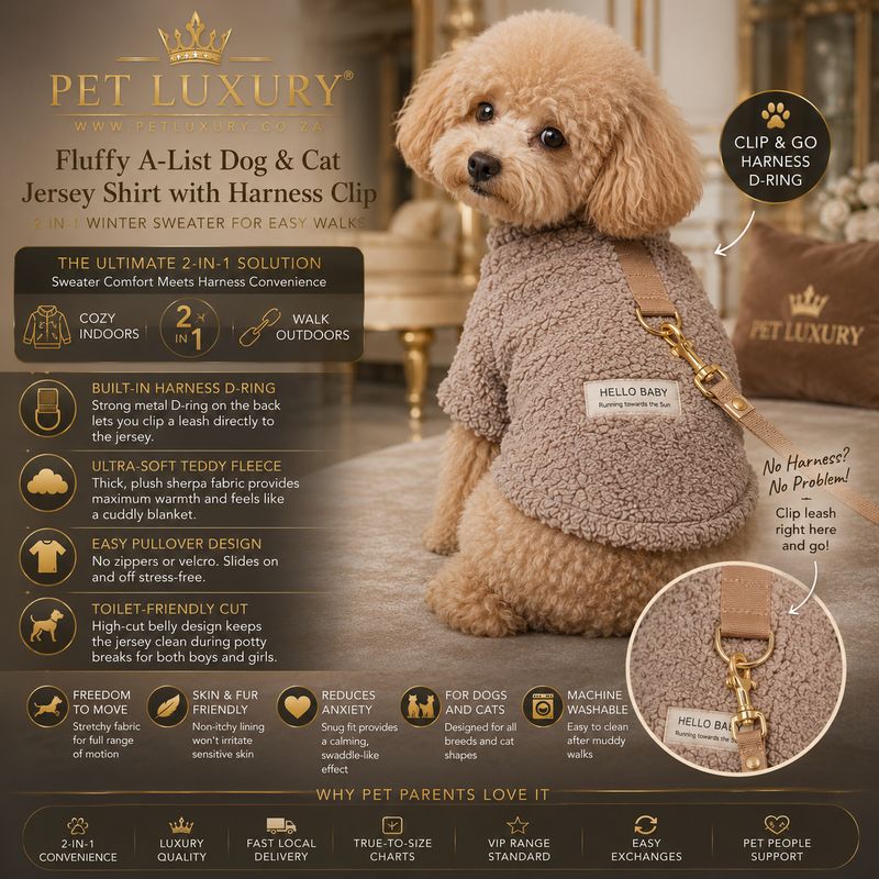 Pet Luxury Fluffy A-List Dog & Cat Jersey Shirt with Harness Clip – Brown | 2-in-1 Winter Sweater for Easy Walks​ ​