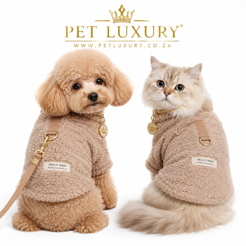 Pet Luxury Fluffy A-List Dog & Cat Jersey Shirt with Harness Clip – Brown | 2-in-1 Winter Sweater for Easy Walks​ ​