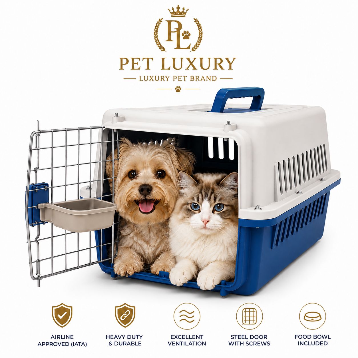 Dog Cat Carrier Airline Approved - Pet Luxury Blue Heavy Duty IATA Travel Crate with Steel Door Screws, Food Bowl Ventilation - Pet Kennel for Travel Dog Cat Carrier Airline Approved - Pet Luxury Blue Heavy Duty IATA Travel Crate with Steel Door Screws, Food Bowl Ventilation - Pet Kennel for Travel