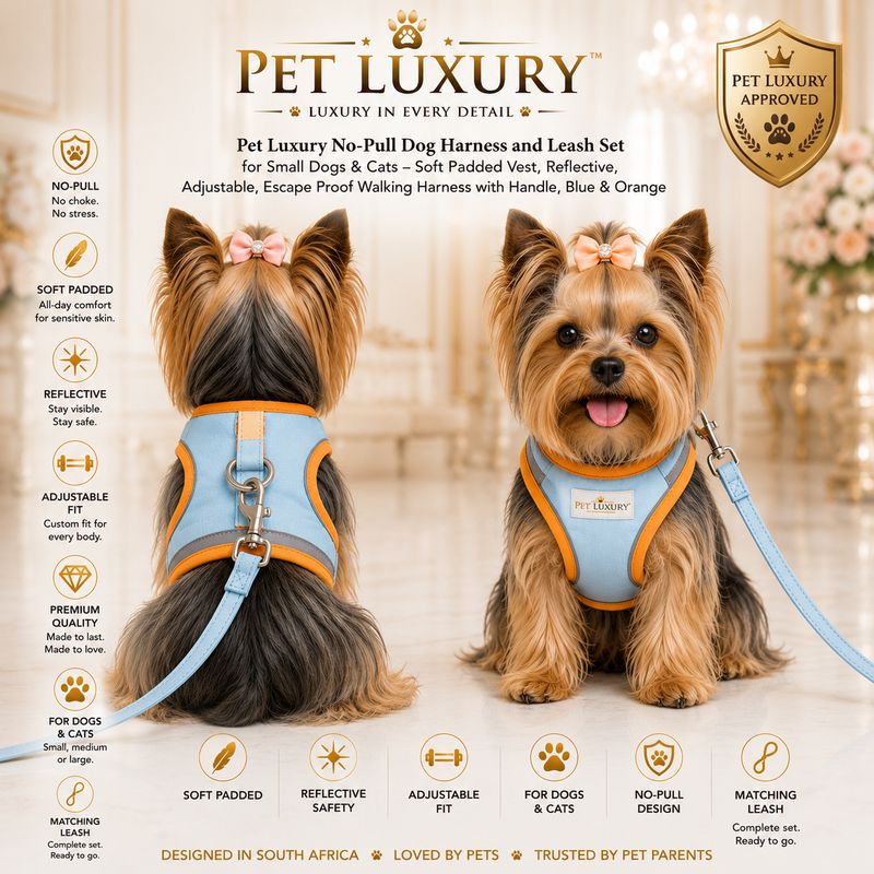 Pet Luxury No-Pull Dog Harness and Leash Set for Small Dogs & Cats – Soft Padded Vest, Reflective, Adjustable, Escape Proof Walking Harness with Handle