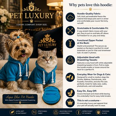 Aqua Blue Dog & Cat Hoodie Jersey with Zipper Pocket - Stretchable Pet Hoodie with Adjustable Drawstring | Everyday Wear