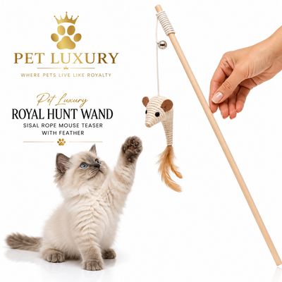 Pet Luxury Royal Hunt Wand - Sisal Mouse Cat Teaser Stick | Interactive Cat Toy with Feather Tail & Bell | Natural Wooden Wand Toy for Indoor Cats & Kittens