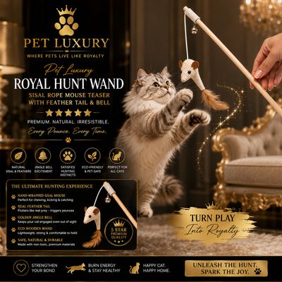 Pet Luxury Royal Hunt Wand - Sisal Mouse Cat Teaser Stick | Interactive Cat Toy with Feather Tail & Bell | Natural Wooden Wand Toy for Indoor Cats & Kittens