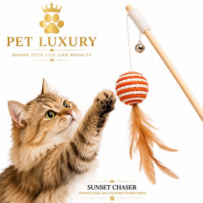 Pet Luxury Sunset Chaser - Orange Sisal Ball Feather Teaser Wand