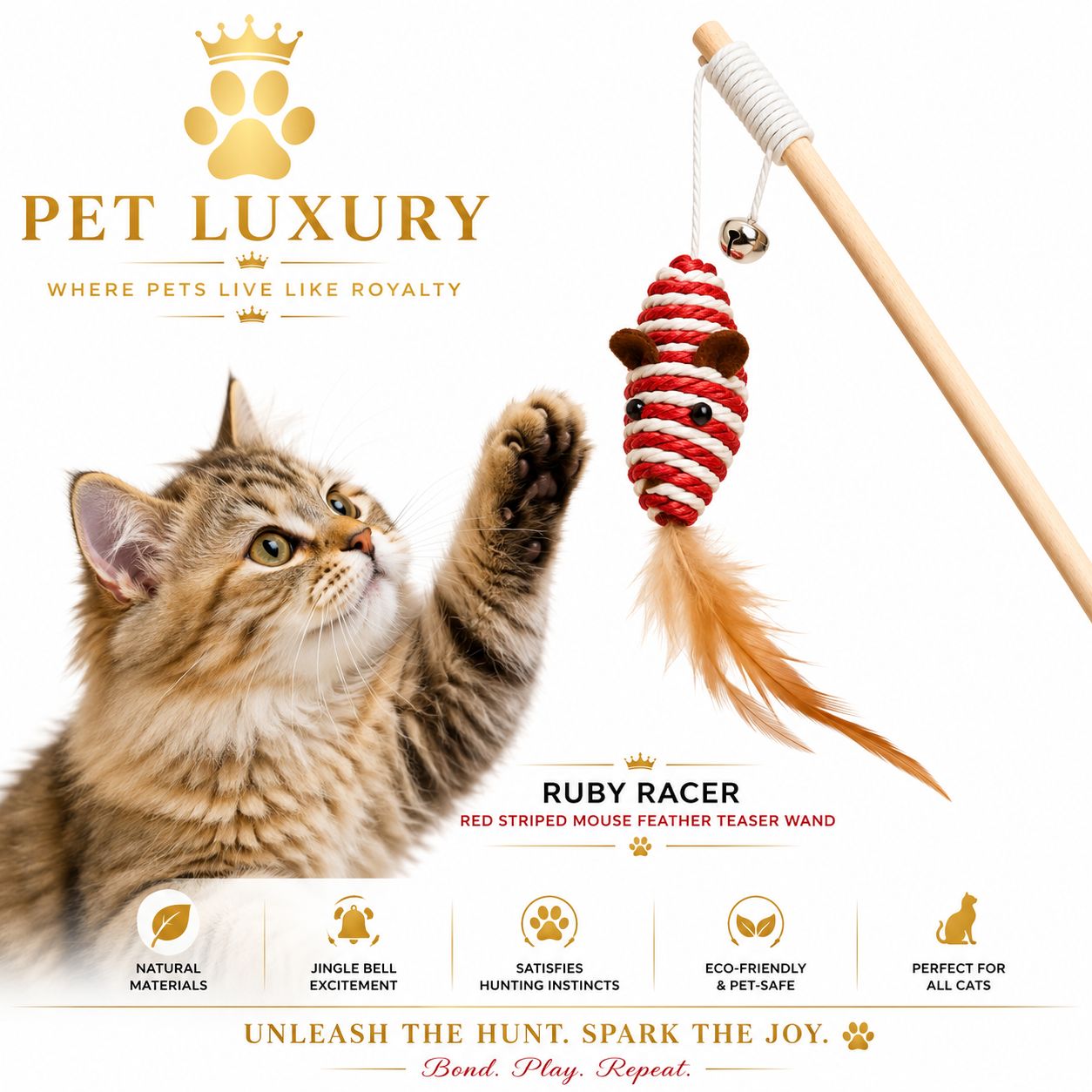 Pet Luxury Ruby Racer - Red Striped Mouse Feather Teaser Wand