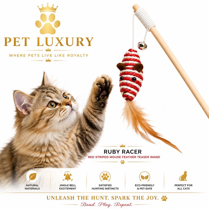 Pet Luxury Ruby Racer - Red Striped Mouse Feather Teaser Wand Pet Luxury Ruby Racer - Red Striped Mouse Feather Teaser Wand