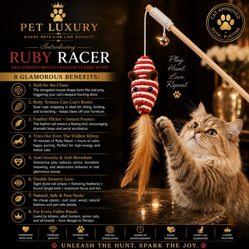 Pet Luxury Ruby Racer - Red Striped Mouse Feather Teaser Wand