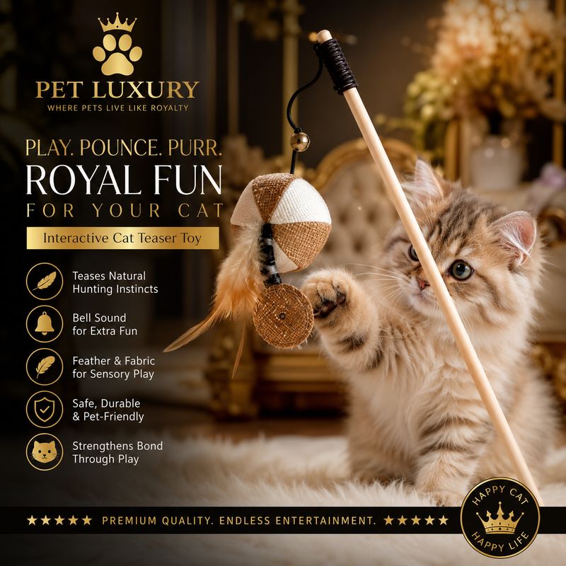 Pet Luxury Royal Pounce Wand - Interactive Kitten Teaser Stick with Feather & Bell