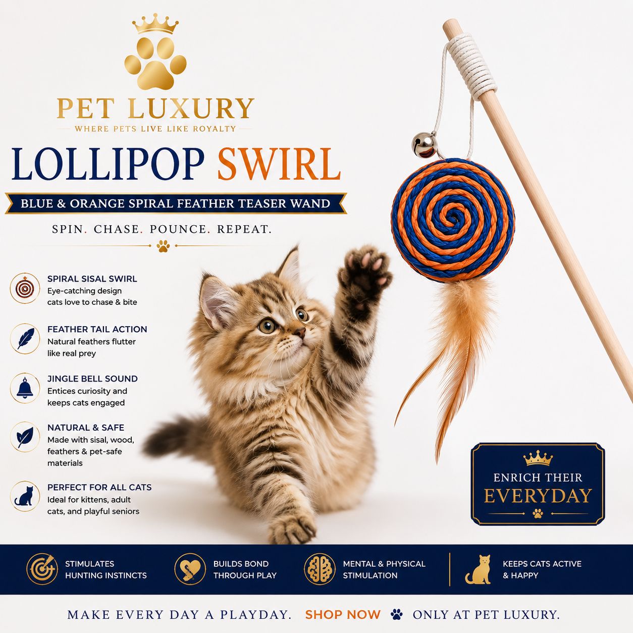 Pet Luxury Lollipop Swirl - Blue & Orange Spiral Feather Teaser Wand
