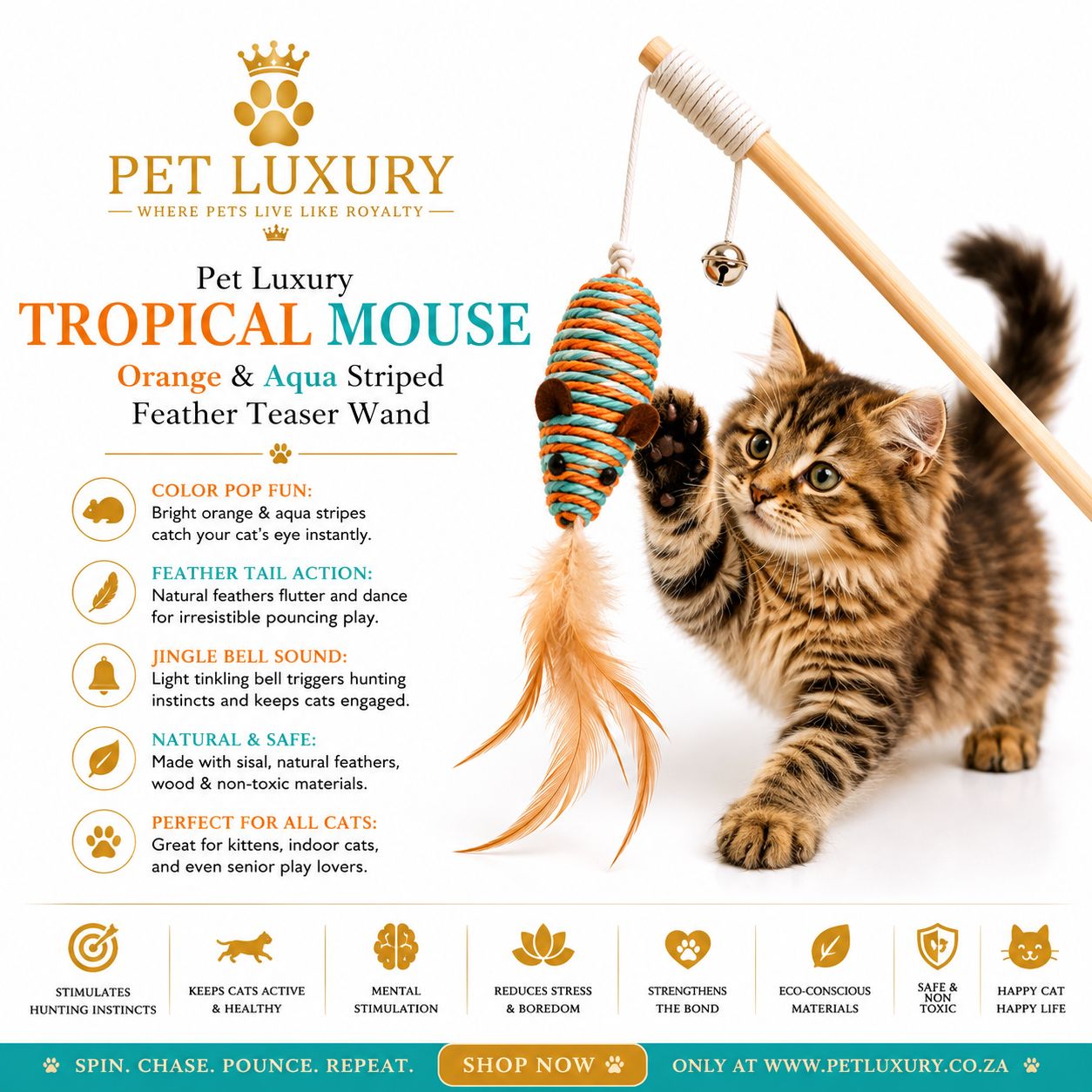 Pet Luxury Tropical Mouse - Orange & Aqua Striped Feather Teaser Wand