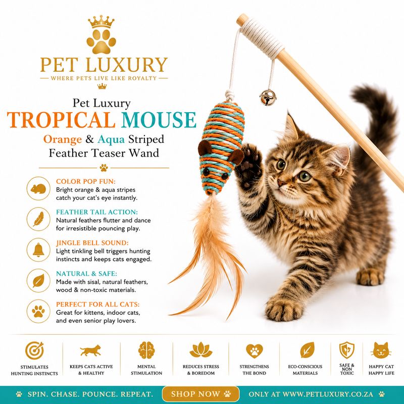 Pet Luxury Tropical Mouse - Orange & Aqua Striped Feather Teaser Wand