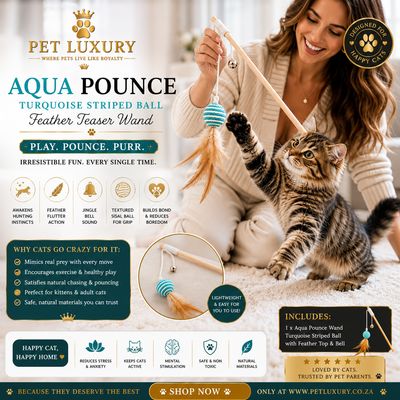 Pet Luxury Aqua Pounce - Turquoise Striped Ball Feather Teaser Wand