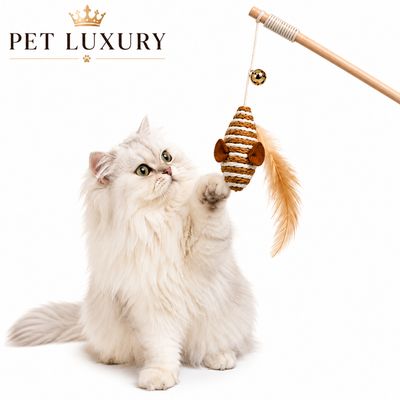Pet Luxury Natural Hunt Wand - Boho Sisal Mouse Feather Teaser Stick