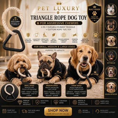 Pet Luxury Triangle Rope Dog Toy for Aggressive Chewers - 2-in-1 Durable Rubber Triangle + Cotton Rope Tug Toy - Black