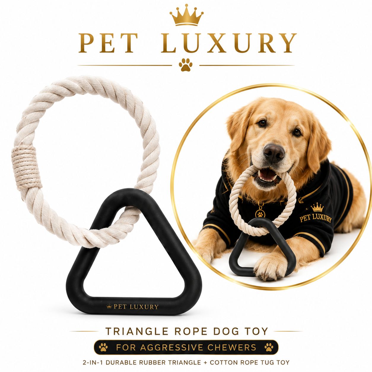 Pet Luxury Triangle Rope Dog Toy for Aggressive Chewers - 2-in-1 Durable Rubber Triangle + Cotton Rope Tug Toy - Black Pet Luxury Triangle Rope Dog Toy for Aggressive Chewers - 2-in-1 Durable Rubber Triangle + Cotton Rope Tug Toy - Black