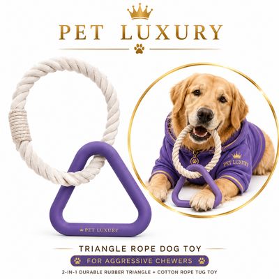 Pet Luxury Triangle Rope Dog Toy for Aggressive Chewers - 2-in-1 Durable Rubber Triangle + Cotton Rope Tug Toy - Purple