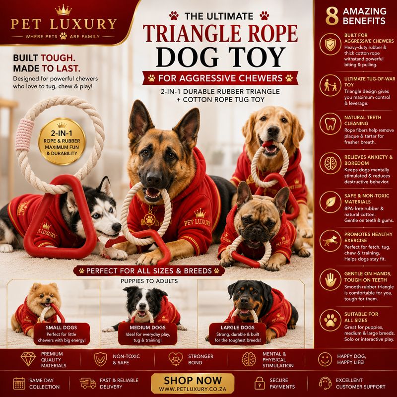 Pet Luxury Triangle Rope Dog Toy for Aggressive Chewers - 2-in-1 Durable Rubber Triangle + Cotton Rope Tug Toy - Red