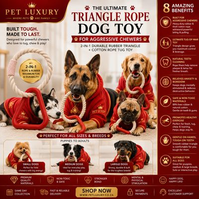 Pet Luxury Triangle Rope Dog Toy for Aggressive Chewers - 2-in-1 Durable Rubber Triangle + Cotton Rope Tug Toy - Red