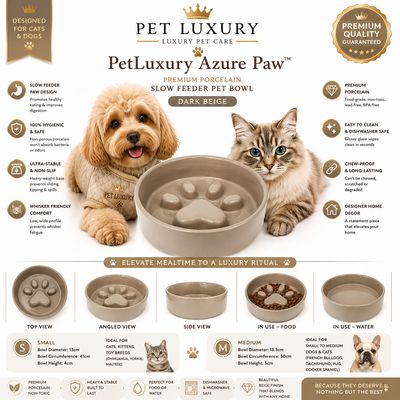 PetLuxury Azure Paw™ Premium Porcelain Slow Feeder Pet Bowl – Dark Beige