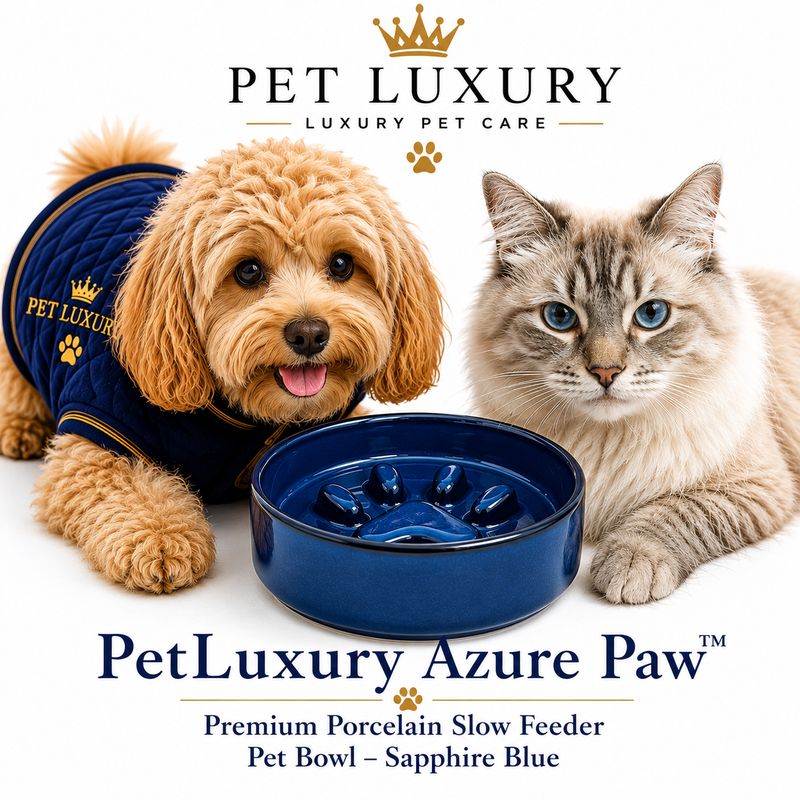 PetLuxury Azure Paw™ Premium Porcelain Slow Feeder Pet Bowl – Sapphire Blue