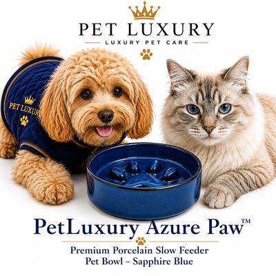 PetLuxury Azure Paw™ Premium Porcelain Slow Feeder Pet Bowl – Sapphire Blue