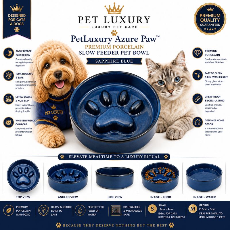 PetLuxury Azure Paw™ Premium Porcelain Slow Feeder Pet Bowl – Sapphire Blue