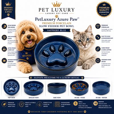 PetLuxury Azure Paw™ Premium Porcelain Slow Feeder Pet Bowl – Sapphire Blue