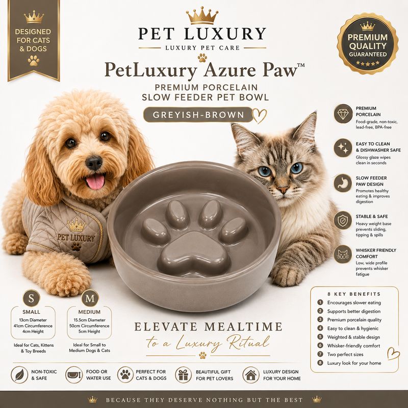 PetLuxury Azure Paw™ Premium Porcelain Slow Feeder Pet Bowl – Greyish-Brown