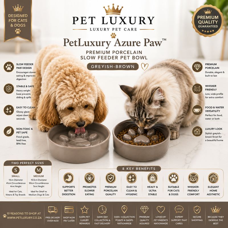 PetLuxury Azure Paw™ Premium Porcelain Slow Feeder Pet Bowl – Greyish-Brown
